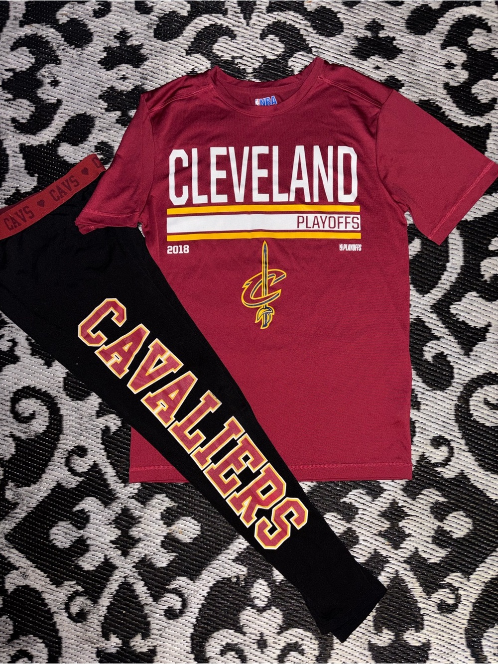 NBA Maroon Graphic Tee with White Lettering and matching leggings outfit.